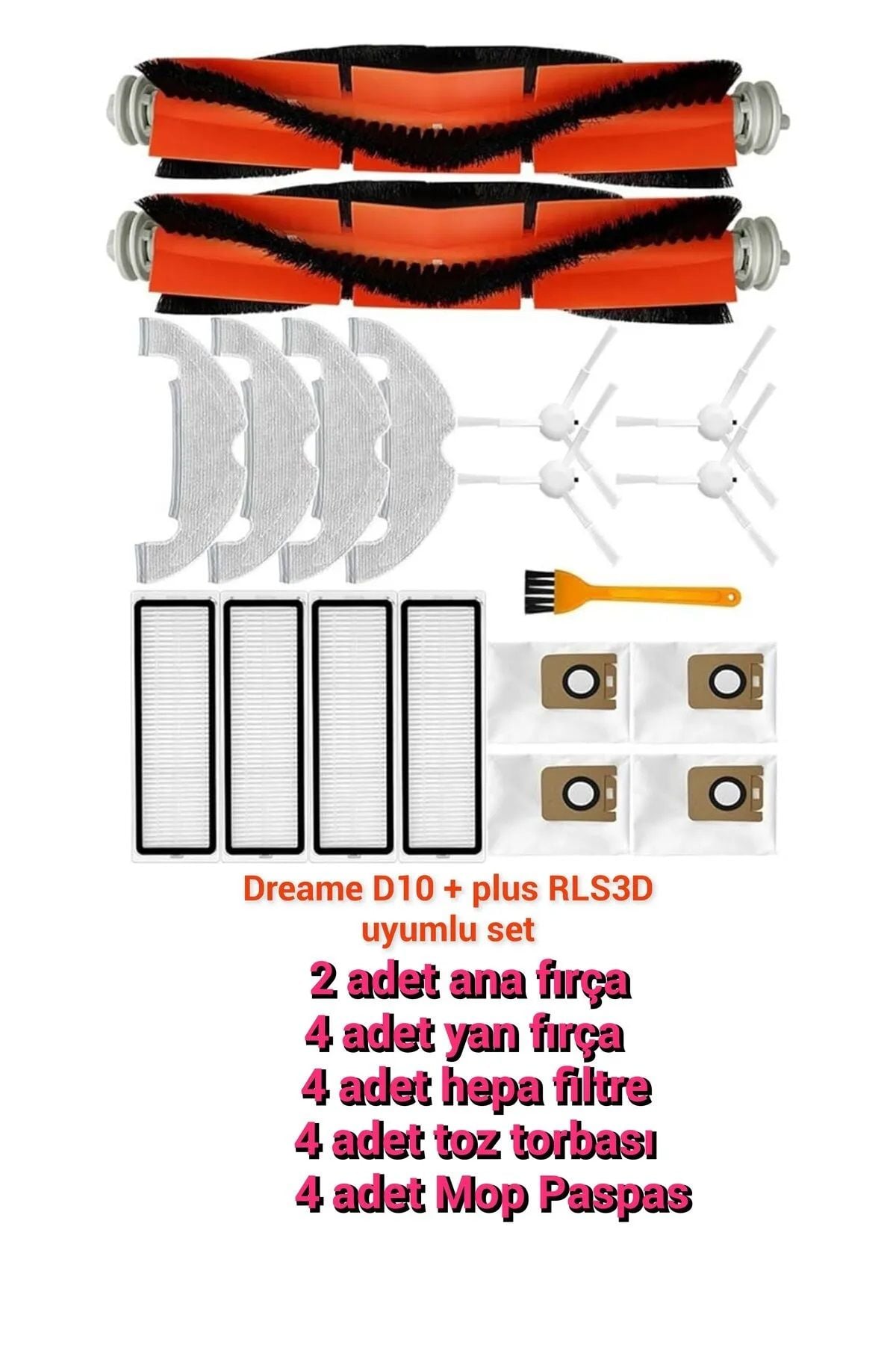 Dreame D10+ plus RLS3D uyumlu yedek fırça paspas toz torbası filtre parça seti