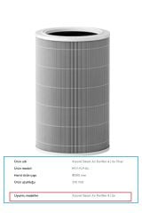 Xiaomi Smart Air Purifier 4 Lite Modeli Uyumlu Hepa Filtre Aktif Karbon