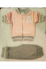 Kız çocuk pudra pembe  sweatshirt takım  fermuarlı 3 Parça