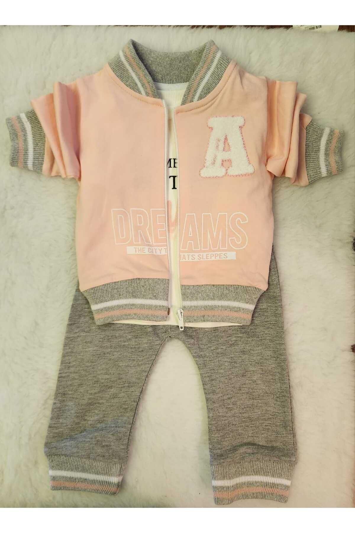 Kız çocuk pudra pembe  sweatshirt takım  fermuarlı 3 Parça