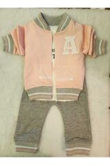 Kız çocuk pudra pembe  sweatshirt takım  fermuarlı 3 Parça
