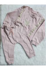 Kız Şerit dantelli kelebek desen sweatshirt ve fiyonk figürlü alt eşofman takım