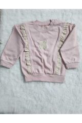 Kız Şerit dantelli kelebek desen sweatshirt ve fiyonk figürlü alt eşofman takım