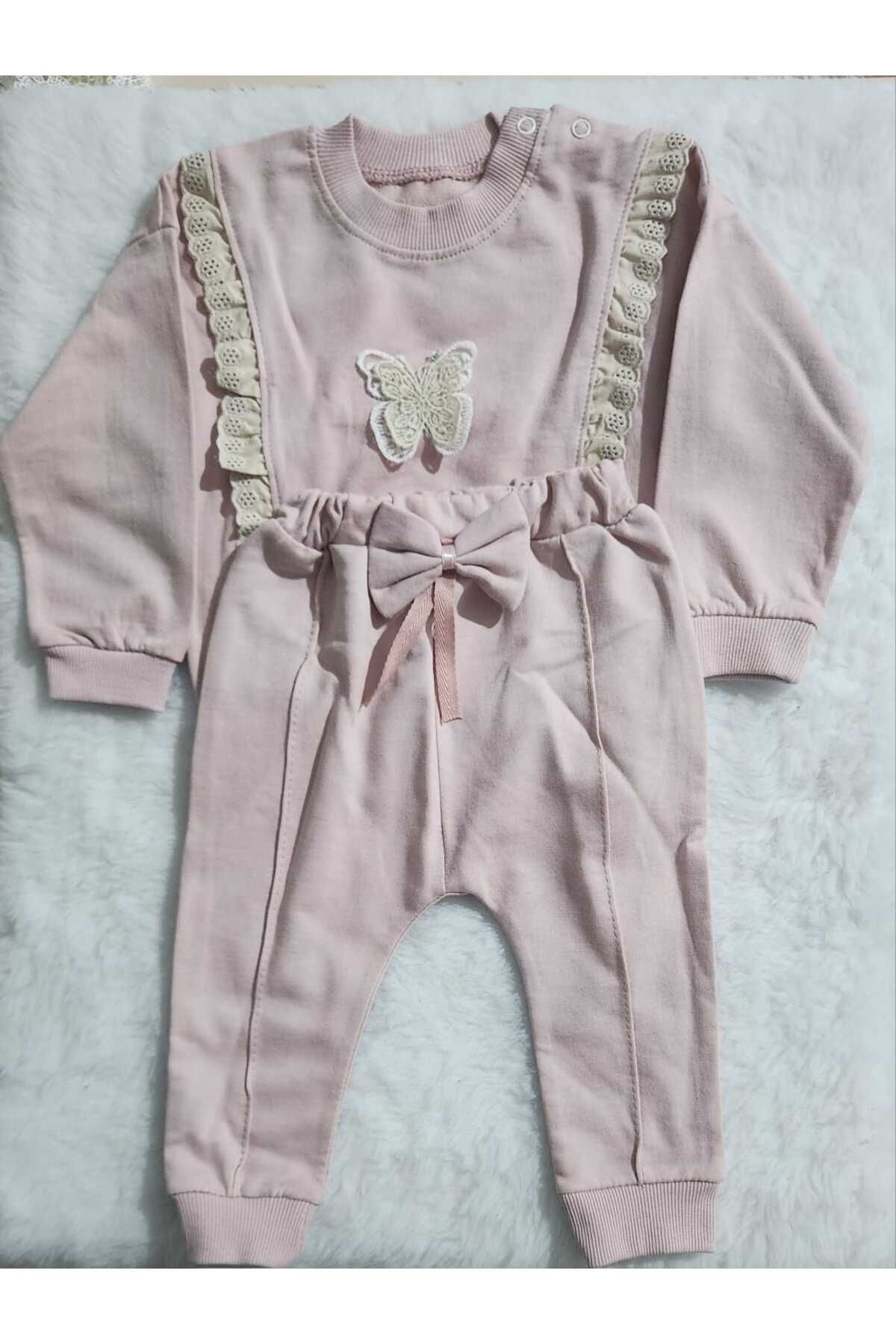 Kız Şerit dantelli kelebek desen sweatshirt ve fiyonk figürlü alt eşofman takım